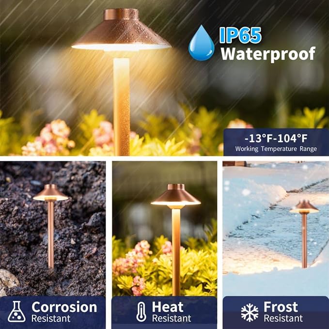 Brass Landscape Lighting Low Voltage, 12V AC/DC Waterproof LED Outdoor Copper Path Lights(Hat) for Sideway Garden with 3W G4 Bulb 2700K(10 Pack)