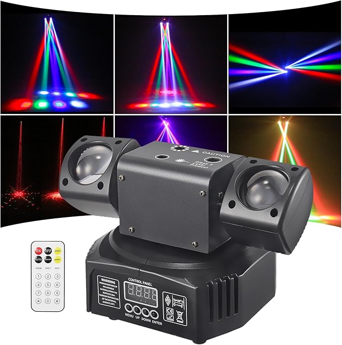 Mini LED Moving Head Effect Lights, Double Head, RGB Color 3535 Beads, 10W Strobe Beads, DMX512 Signal Control, Sound Activation