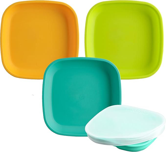 Re-Play 7" Flat Plate with Silicone Lid - Made in USA - Made with Medical-Grade Platinum Silicone - With Lid - Aqua Asst - 3 Pack