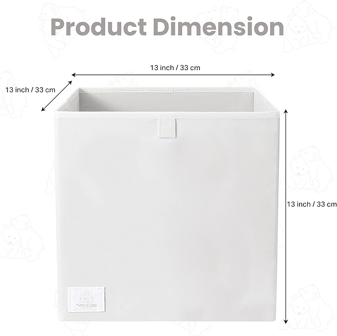 Two Cubs Foldable Kids Toy Storage Box - 13"x13" Cube Organizer Bin with Durable 2.6mm Plastic Plate Boards, Cow Design in White - Collapsible Nursery & Playroom Storage, Fits IKEA Kallax Shelves