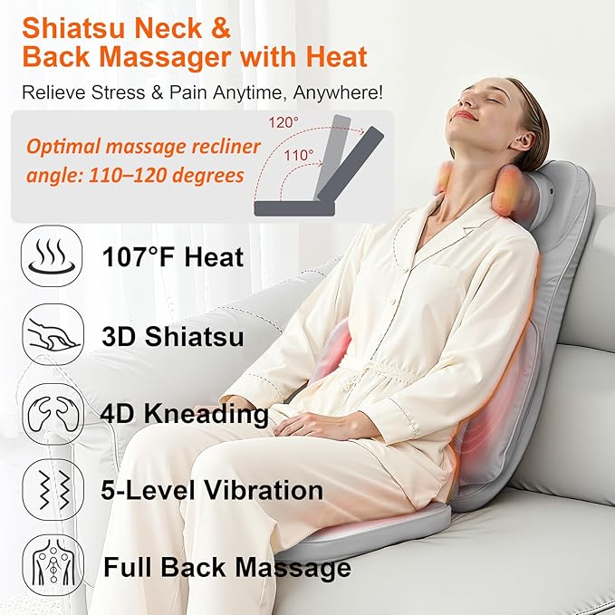 4D Shiatsu Massage Cushion w/Heat - Neck Back Pain Relief, Targets Muscle Stiffness from Long Sitting - Kneading, Vibration Technology & Dual Necks Heads Design for Office Chair, Home, Grey