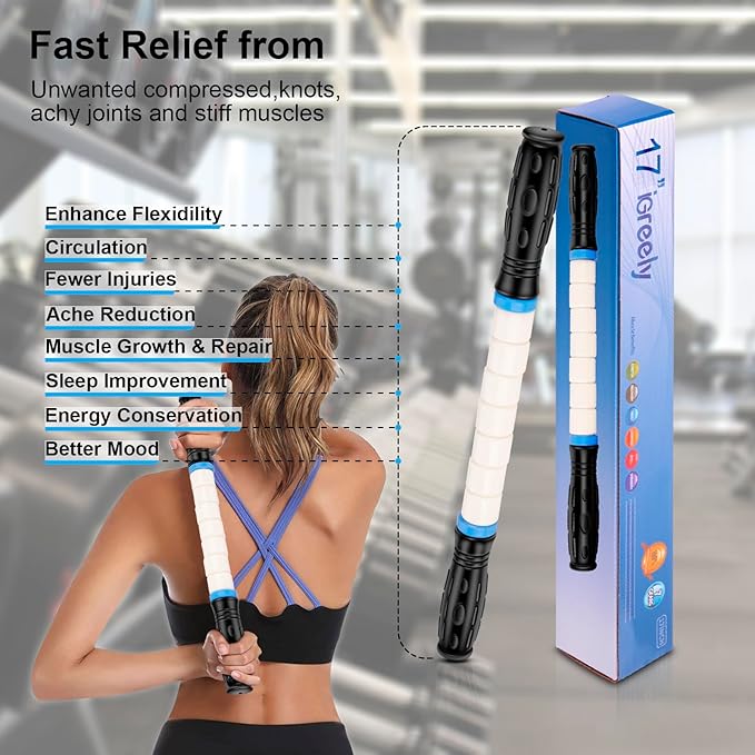 iGreely Premium Muscle Roller The Ultimate Massage Roller Stick 17 Inches Recommended by Physical Therapists Promotes Recovery Fast Relief for Cramps Soreness Tight Muscles-White