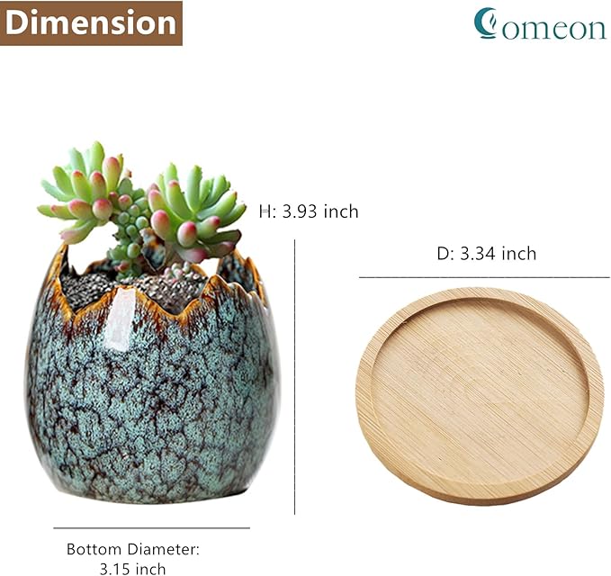 Simcat Succulent Pots with Drainage Half Dragon Egg Shell Design Ceramic Flower Pot 4 Cactus Planter Pots Marble Print Succulent Plant Pots + Bamboo Tray for Home Office Desktop Windowsill Décor