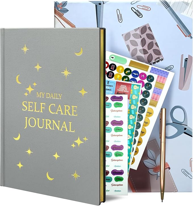 Gratitude Journal with 6 Inspirational Stickers and Pencil, Daily Reflection Journal for More Happiness, Mindfulness & Affirmation, Self Care Journals for Women & Men,Grey