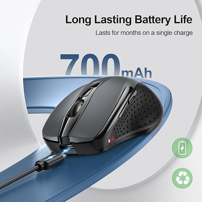 TECKNET Wireless Mouse Rechargeable, 2.4G USB-A Silent Mouse, Quiet Click, 6 Adjustable 4800 DPI, Cordless Computer Mouse, Ergonomic Mouse for Laptop, 6 Buttons Mouse for Chromebook, Ergo Grip