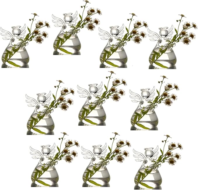 Angel Design Glass Vases Clear Flower Plant Terrarium Container Hanging Vase Wedding Decor Garden Ornaments Hanging Planter (Pack of 10)