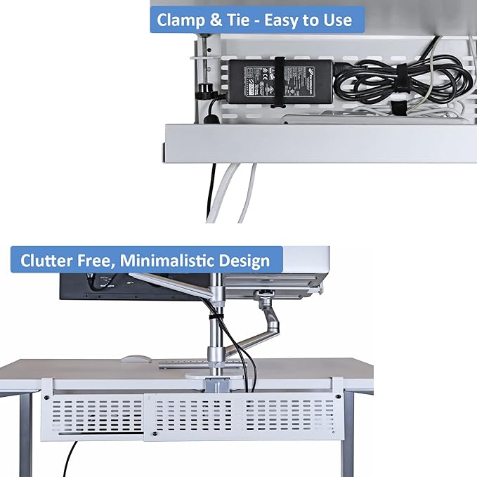 AEONS Under Desk Cable Management Tray Kit - Horizontal Adjustable up tp 41” Desk Organizer Removable C Clamp Mount Reversiable Computer Cord Raceway and Modesty Panel for Large Table, White/Beige