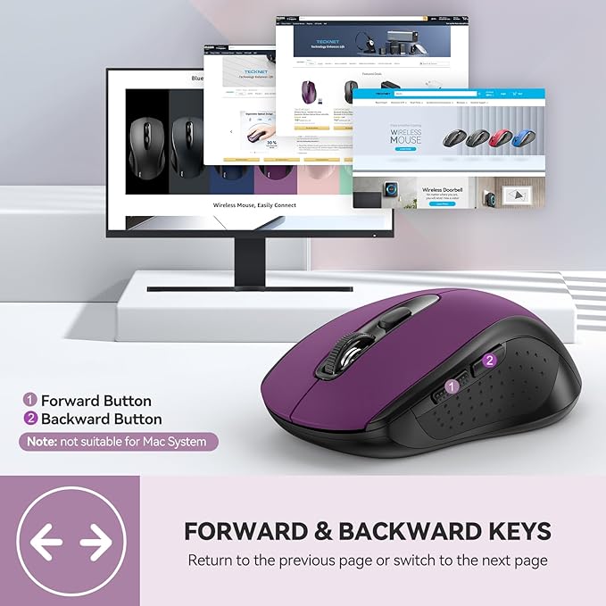 TECKNET Bluetooth Mouse, 4000DPI Wireless Mice for Laptop 2-in-1(BT 5.0/3.0+2.4Ghz) Computer Mouse with USB Receiver for Mac (USB-A/C+Bluetooth, Purple)
