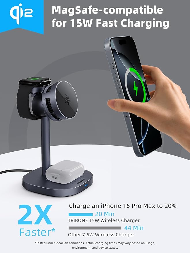 2025 New TRIBONE 3 in 1 Magsafe Wireless Charger Stand for iPhone 16 Charger, Qi2 Certified 15W Wireless Charger, Fast Cooling Charger Station for iPhone 16/15/14/13/12, for Apple Watch, AirPods