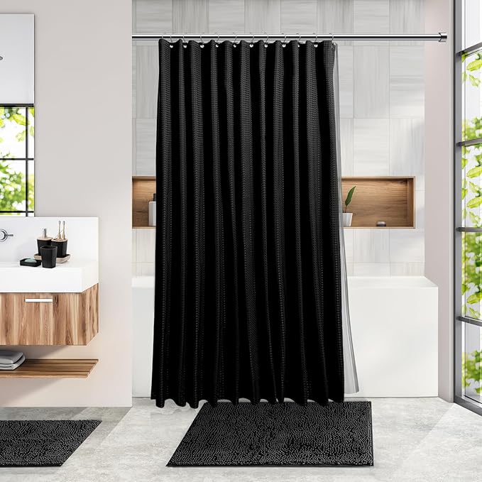 Clara Clark Bathroom Accessories Set - 22PC Bathroom Set, Bathroom Sets with Shower Curtain and Rugs, Black Shower Curtain Set with Bathroom Trash Can