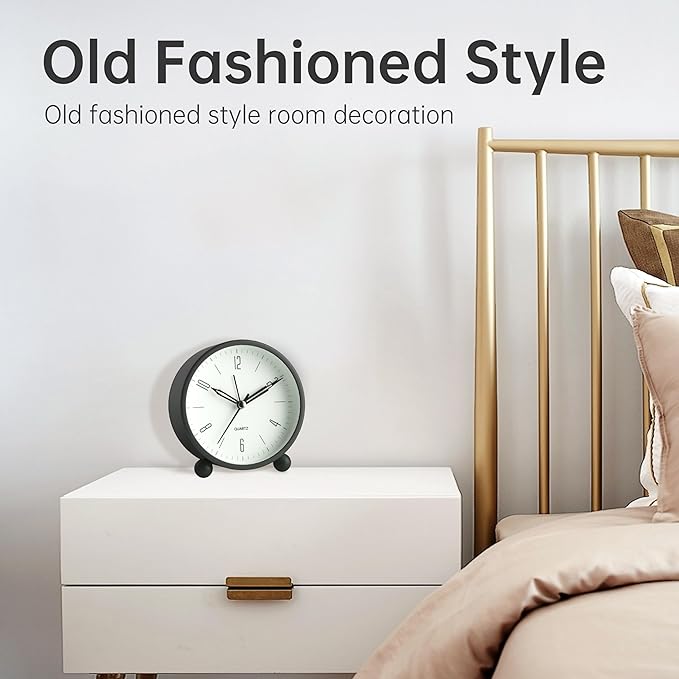 Analog Alarm Clock, 4 inch Super Silent Non Ticking Small Clock with Night Light, Battery Operated, Simple Design, Old Fashioned Style Black Decor, for Bedroom, Bedside, Desk, Adult, Kid, Gift, Black