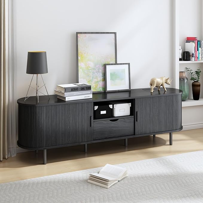 69" Mid-Century TV Stand with Power Outlet, Fluted Entertainment Center with Storage Drawer, TV Console with Sliding Door and Adjustable Shelves, TV Stand up to 80" for Living Room, Bedroom, Black