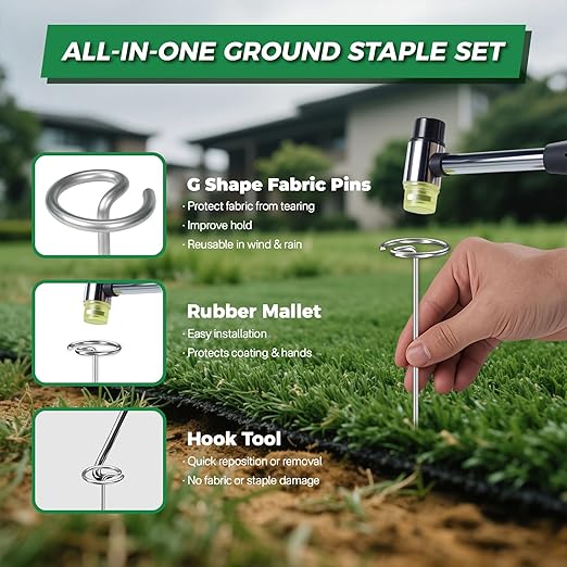 50pcs Landscape Fabric Staples 6 Inch, Galvanized Circle Top Landscape Pins Landscape Fabric Staples Garden Stakes Staples with Pick Hook Mallet for Weed Barrier Tent Stakes Outdoor Decor