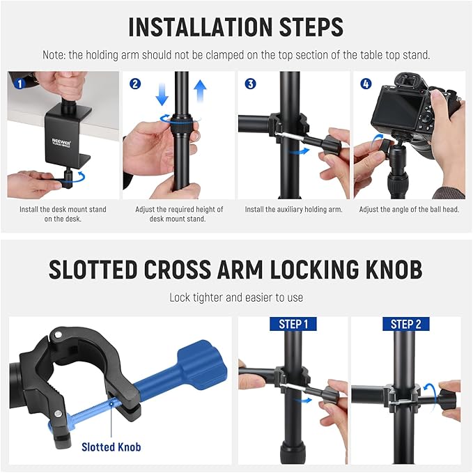 NEEWER Upgraded Overhead Camera Rig with Trifold Camera Boom Arm (Max Load 2lb), 47"/1.2m Telescopic Desk Mount Stand (Max Load 8.8lb) with Phone Clamp Ball Head for LED Light Webcam Mic, TL253A+MH022