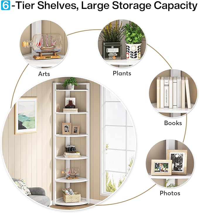 Tribesigns 6 Tier Corner Shelf, 70.9 Inch Tall Corner Bookshelf Small Bookcase Modern Corner Shelving Unit Storage Rack for Living Room, Home Office, Kitchen, Small Space (White)