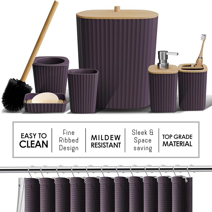 Clara Clark Bathroom Accessories Set - Purple Bathroom Set, Bathroom Sets with Shower Curtain and Rugs, 22PC Shower Curtain Set with Trash Can