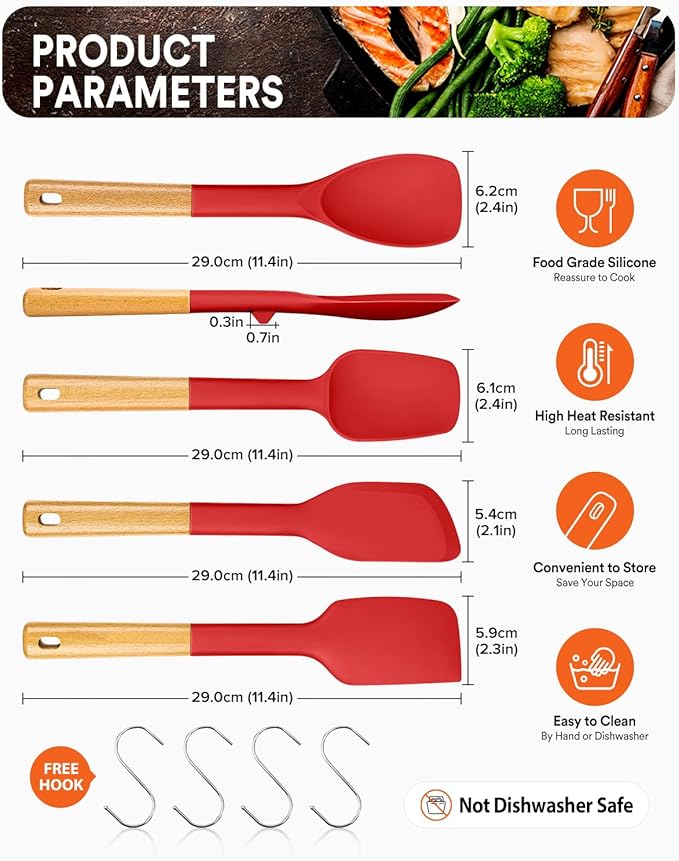 Silicone Spatula Spoon Set, Great for Mixing, Folding, Scraping, and Spreading, Sturdy BPA-Free Matte Silicone, Wooden Handle Rubber Spoonula for Nonstick Cookwares,4 Pack (RED)