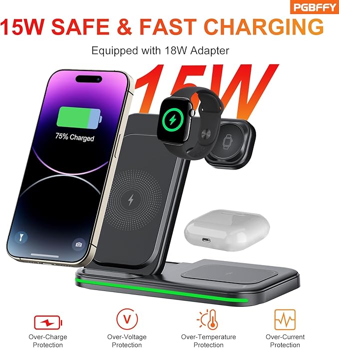 3 in 1 Charging Station Wireless Charger lPhone Foldable Charging Stand for Multiple Devices with Quick Charger for lPhone 16/15/14/13 Pro Max Watch AriPods Pro 2
