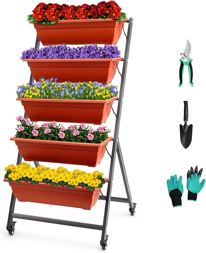 EDOSTORY 4.5 FT Height Vertical Garden Planter Removable Brick Red Raised Bed Box with 5 Container Boxes,Digging Claw Gloves,Trowel,Purning Shears for Outdoor Vegetables Flowers