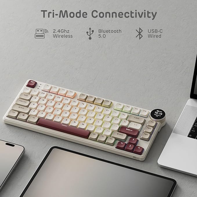RK ROYAL KLUDGE N80 Low Profile Mechanical Keyboard w/Smart Display Screen & Knob, 75% Top Mount 3-Modes Wireless Mechanical Keyboard, Software Support, Massive Battery, 80 Keys, Tactile Brown Switch