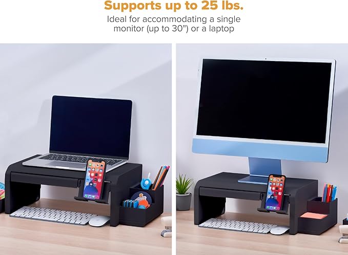 Bostitch Konnect Adjustable Monitor Riser with Drawer, Cell Phone Stand & Pencil Holder, Laptop Stand for Desk, 4 Height Levels, Cable Management & Rubber Feet