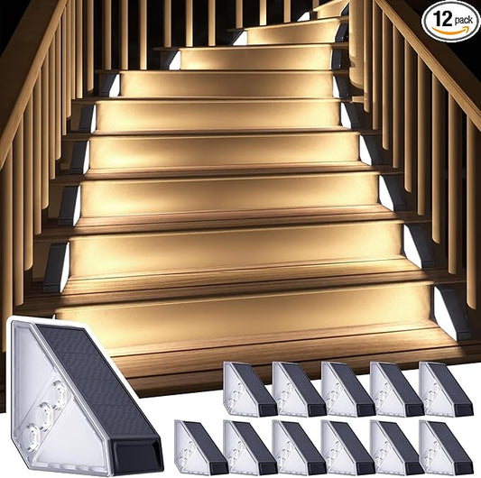ROSHWEY Solar Stair Lights Outdoor Waterproof, 12 Pack Solar Powered Step Lights for Outside, Triangle Deck Step Light, Outdoor Decor Lighting for Front Porch, Backyard, Patio, Cool White