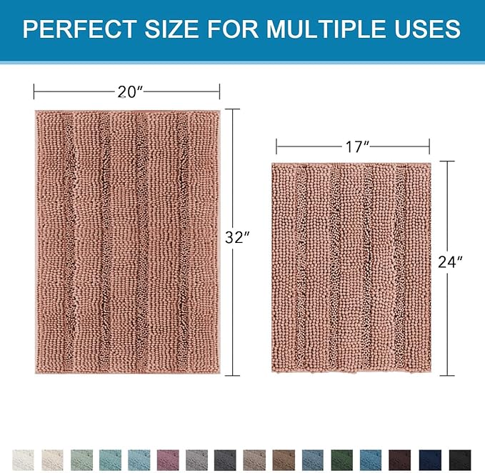 H.VERSAILTEX Bathroom Rug Set Bath Mats, 2 Piece Bath Mats Non Slip Thick Soft Chenille Striped Bath Rug Set, Bath Mats for Bathroom Sets (Muted Clay, 20" x 32"/17" x 24")