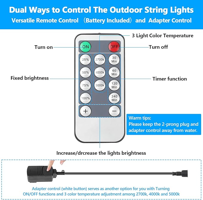 3 Color Dimmable LED Outdoor String Lights with Remotes, 48FT Waterproof Patio Hanging Lights with Shatterproof E26 S14 LED Bulbs for Bistro Cafe Pergola Party, Warm White/Nature White/Daylight White