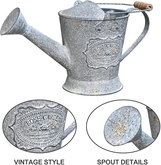 Vintage Metal Watering Can with Wooden Handle, Watering Can for Indoor/Outdoor Plants, Shabby Chic Decor for Home Balcony Courtyard Garden