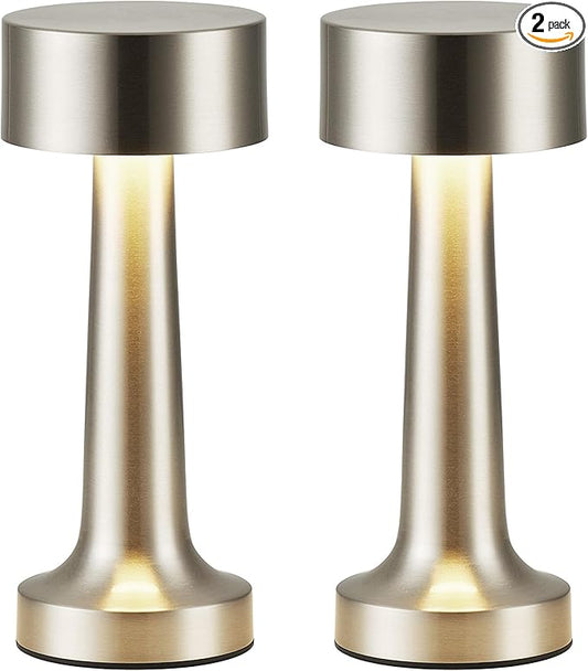 PUSU Cordless LED Nickel Small Table Lamps Set of 2, Portable Rechargeable 4000mAh Battery Operated Desk Lamp, 3 Color Stepless Dimming for Kids, Restaurant, Bedside, Outdoor, Bar, Night Light, Gift