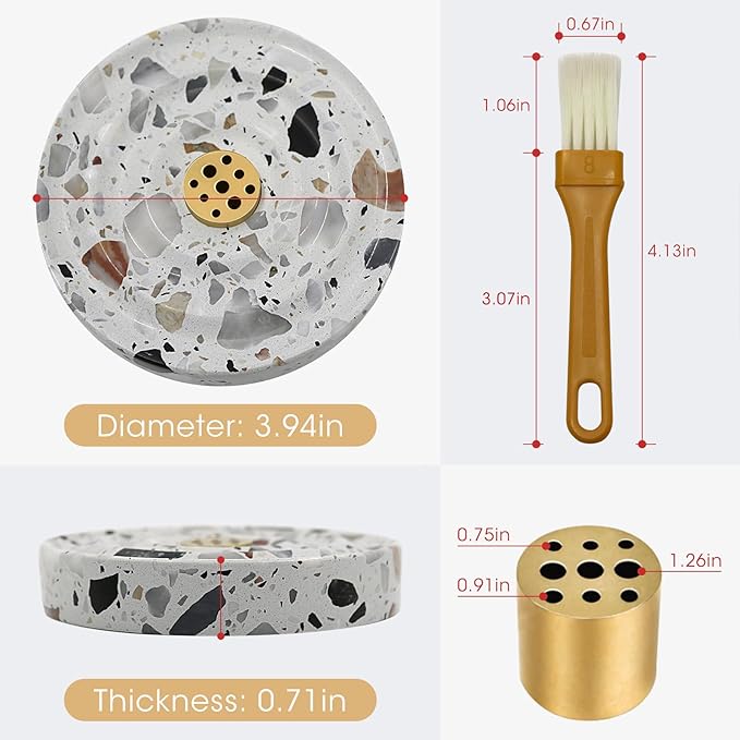 White Terrazzo Stone Incense Holder， 9 Brass Stick Insert Holes, Yoga & Home Relaxation