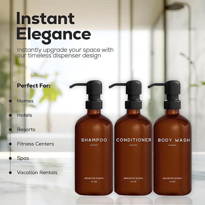 Amber Shampoo and Conditioner Dispenser Set by Brighter Barns - Body Wash and Shampoo Bottles with Pump - Refillable Plastic Shower Dispenser for Modern Bathroom Decor in Vacation Rental, Spa (Amber)