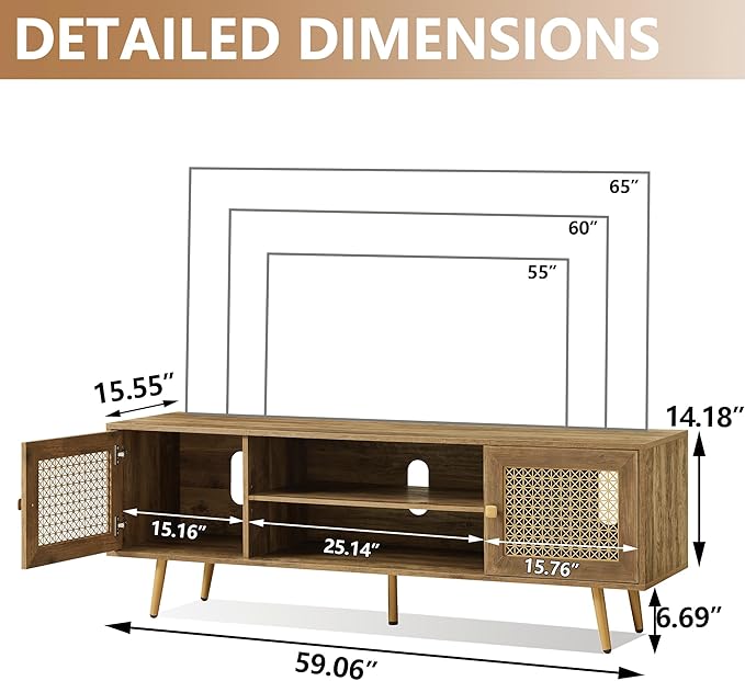 Mid Century Modern TV Stand with Metal Mesh Doors and Open Shelf for Tvs up to 65" Boho Media Console Entertainment Center with Cable Holes for Living Room Rustic Oak 59.06"x15.55"x20.87"