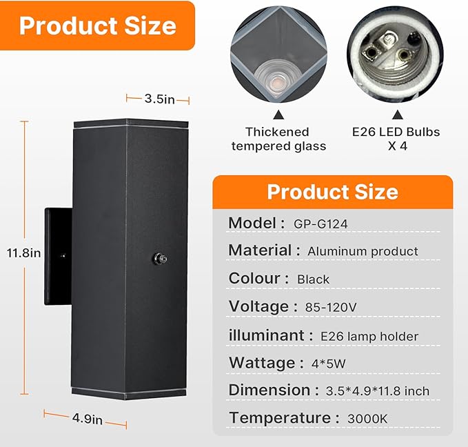 Outdoor Wall Lights 2 Packs,Modern Square Dusk to Dawn Outdoor Porch Light,Integrated LED Cylinder Up Down Lights Aluminum Waterproof Wall Lighting Exterior Light for Porch Patio Garage