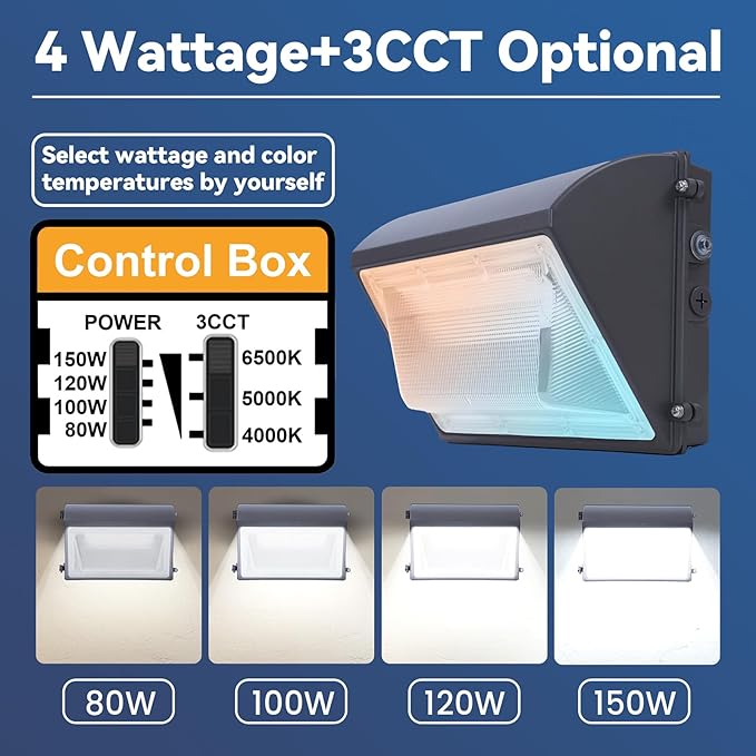 150W LED Wall Pack Light with Photocell 4Pack, 4000/5000/6500K 3CCT, 80/100/120/150W Selectable, LED Security Flood Commercial Outdoor Wall Lights for Parking Lot Barn Warehouses, 100-277V, ETL Listed