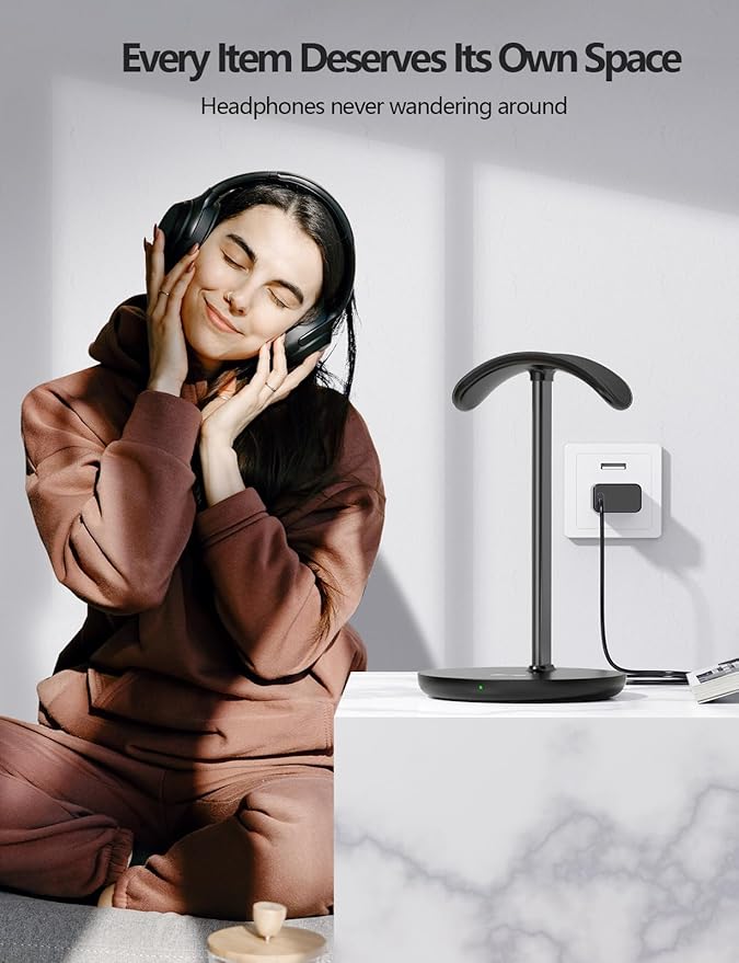 Miroddi Headphone Stand with Wireless Charger, Independent USB Charging Port, 5 in 1 Charging Station Headset Holder Rack for AirPods Max/Pro/4/3/2, iWatch, iPhone, Samsung and Desk Headphones, Black