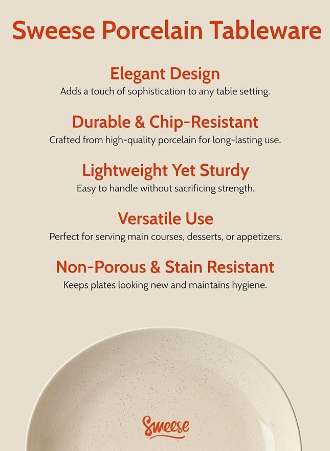 Sweese 7.8" Porcelain Dessert Plates, Beige, Set of 6 - Scratch-Resistant, Microwave Oven Safe Appetizer Plates