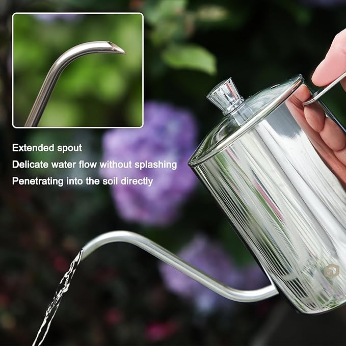 OFFIDIX Watering Can for Indoor Plants,Long Spout Metal Stainless Steel 21 oz/600 ml Watering Can with 14 oz/400ml Glass Plant Mister Spray Bottle for House Plant Bonsai