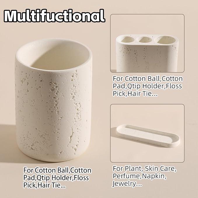 Bathroom Accessories Set, 4 pcs Toothbrush Holders Set Included 3 Slots Electric Toothbrush and Toothpaste Holder Stand, 2 Tumblers & Tray for Bathroom Countertop Sink Modern Decor (White)