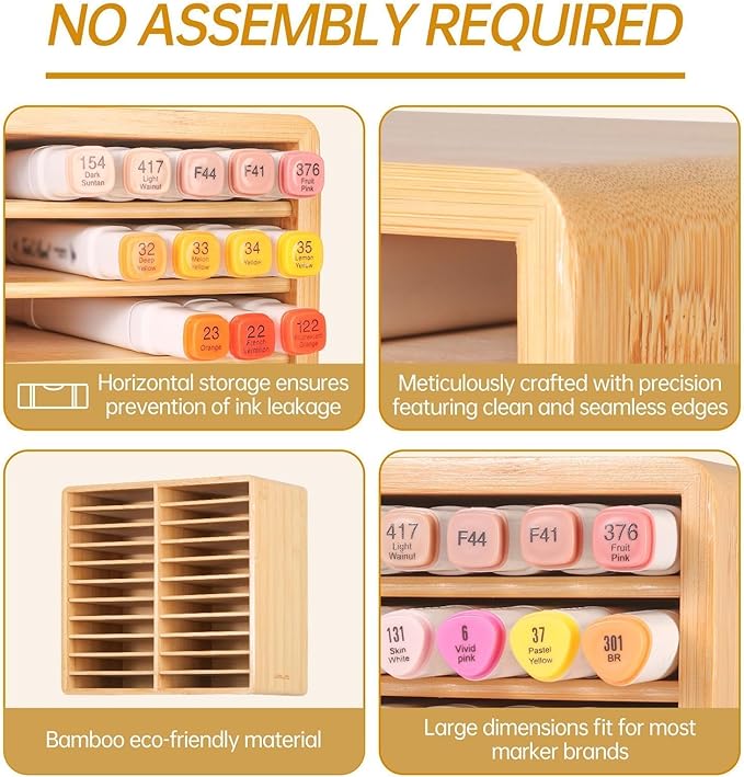 walowalo Marker Organizer Hold 176 Markers Birthday Gifts Bamboo Pen Holder Art Supply Pencil Storage Organizer with 22 Compartments All-in-One Marker Storage for Home Office Desk Classroom