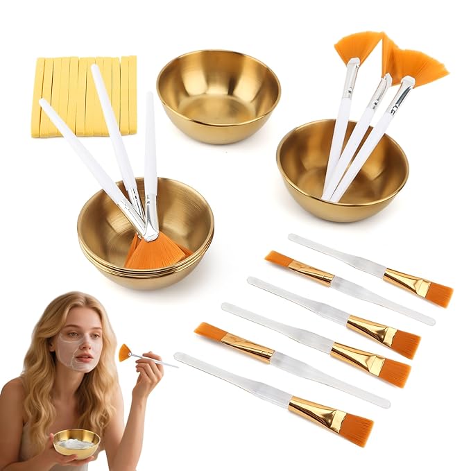 30Pcs Esthetician Supplies for Facials Set, 6 Gold Facial Bowls 6 Facial Brushes 6-Flat Brushes 12 Facials Sponge Compressed Round, Face Masks Cosmetic Applicators for Women(COLOR:gold)