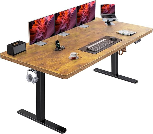 HUANUO 71 x 35 inch Electric Standing Desk, Powerful Brushless Motor Large Height Adjustable Table, 4 Memory Preset Sit Stand Up Desk, Home Office Computer Table with Thick T-Shaped Frame, Vintage