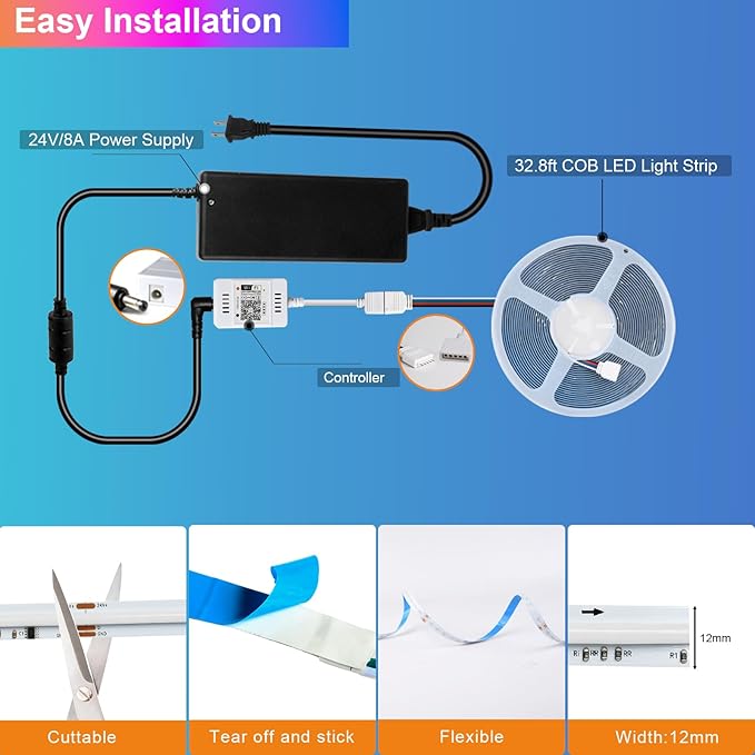 INDARUN RGBW COB Led Light Strip 32.8FT/10M, 6720LEDs, 12mm Flexible Led Tape Light, 24V/8A, 3000K/5000K Dimmable, 50Lumen/W, Bright Smart Led Strip Lights for TV, Bedroom Decor