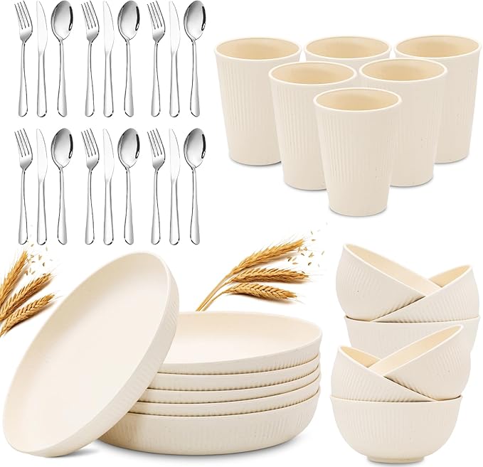 36pcs Wheat Straw Dinnerware Sets, Unbreakable Reusable Kitchen Cups Plates and Bowls Sets, Dishwasher and Microwave Safe Kitchenware Dishes Set for Home, Office, Travel,Picnic (Cream Color)