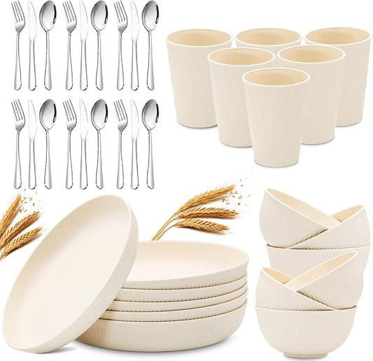 36pcs Wheat Straw Dinnerware Sets, Unbreakable Reusable Kitchen Cups Plates and Bowls Sets, Dishwasher and Microwave Safe Kitchenware Dishes Set for Home, Office, Travel,Picnic (Cream Color)