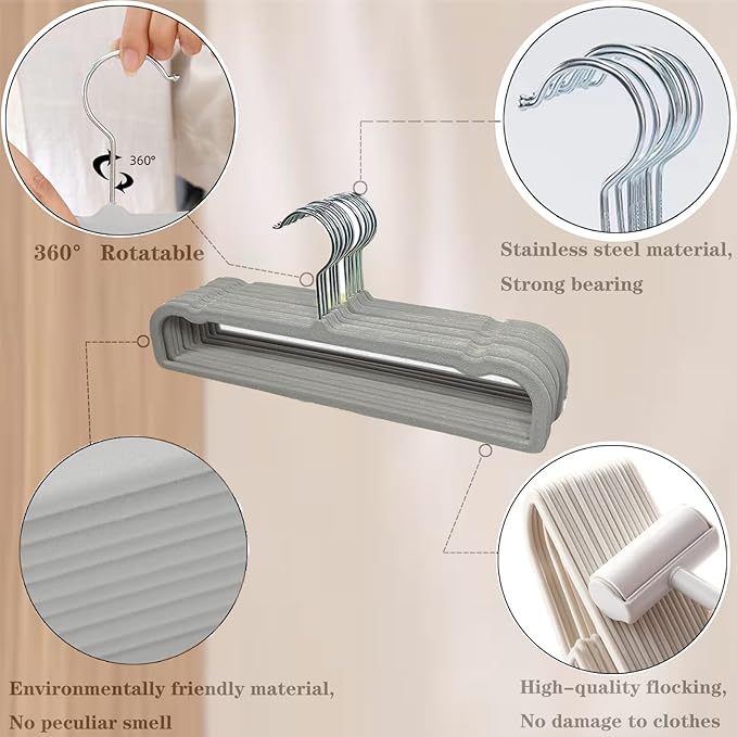 HGYZE Velvet Pants Hangers with Non Slip Bar, 20 Pack Felt Trouser Hanger, Perchas Terciopelo, Percha para Pantalones with 360° Swivel Hook for Spaghetti Strap Dresses, Shorts, Jeans, Slack, Grey