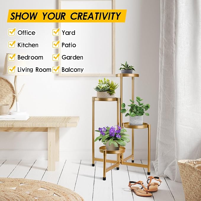 4 Tier Plant Stand Indoor Outdoor, 31 Inch Tall Metal Plant Shelf Waterproof, Plant Holder with Folding Design For Home, Living Room, New Upgrate Gold