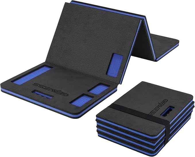 1.1" Extra Thick Foldable Garden Kneeling Pad with Handle & Belt & Tool Compartments – EVA Foam Knee Cushion Mat for Gardening, Mechanic Work, Auto Repair (47.2" x 15.7" x 1.1", Black & Blue)