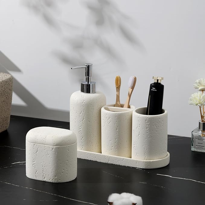 Bathroom Accessories Set, 5PCS Modern Bathroom Accessory Set with Soap Dispenser, Mouthwash Cup & Toothbrush Holder, Qtip Holder, Tray