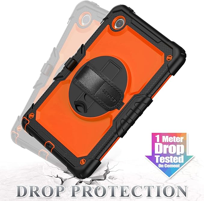 SEYMAC stock Tablet Case for Lenovo Tab M11 (TB330FU/TB330XU)/Idea Tab 11" (TB336F) 11 inch 2024/2025 Drop-Proof Protection Cover with 360° Rotate Strap [Pen Holder] & Screen Protector, Orange+Black